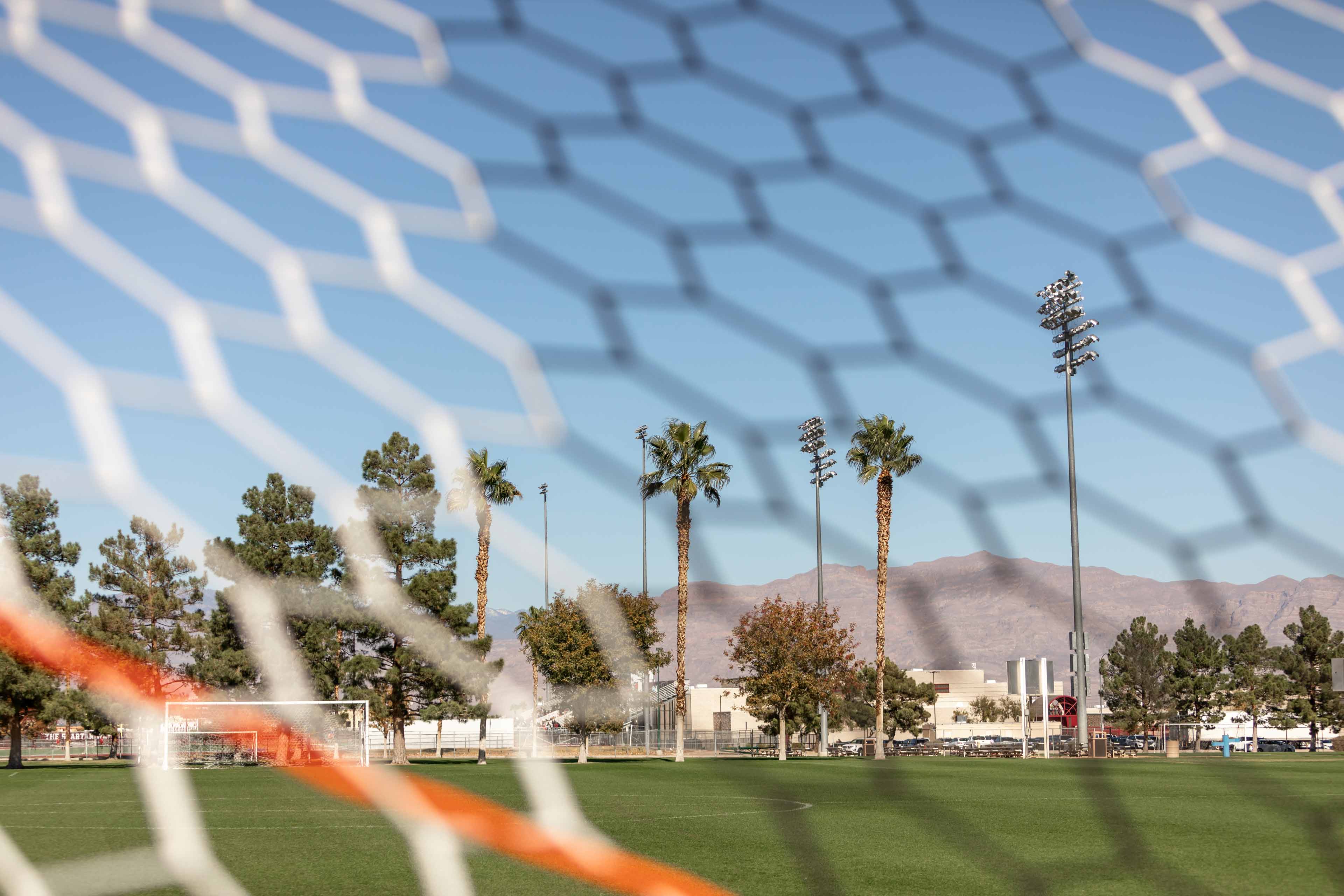 soccer field over a blurry goal net frontground