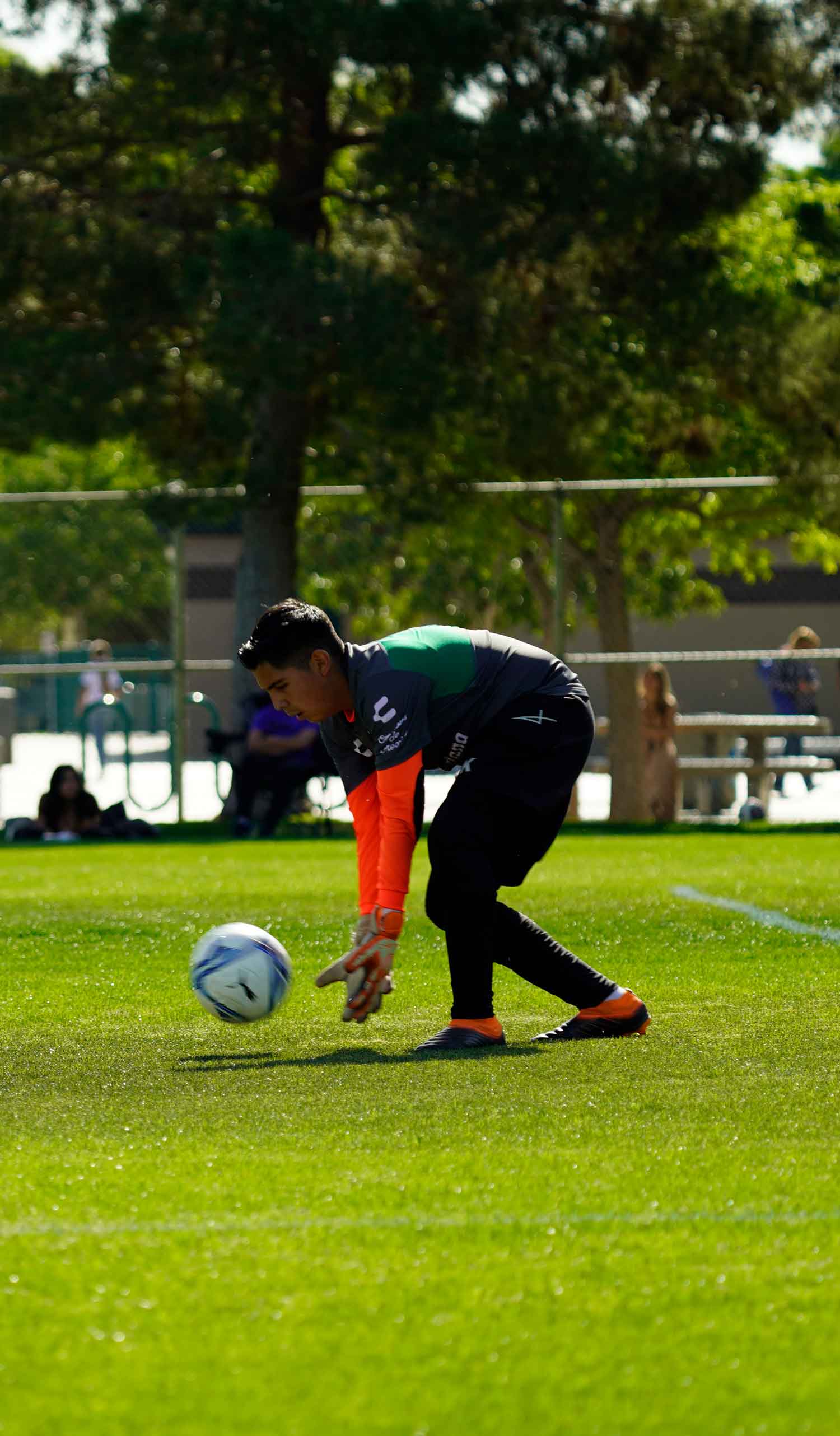 kid goali holding a ball coming to him from the ground